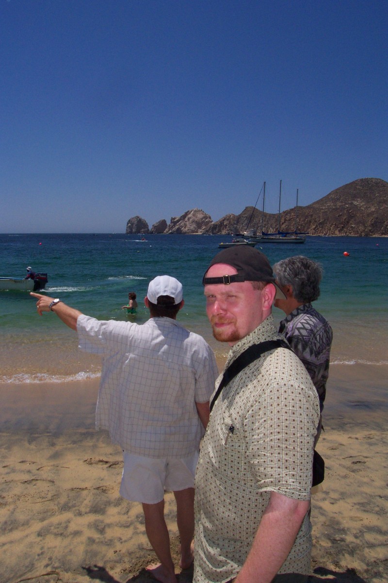 Working on the beach, Cabo San Lucas, Mexico, 2001AD. A place Irish folk just aren't meant to venture. Photo by Mr. E. while checking out my camera. I could tell you the names of the folk in the picture but then I'd have to kill you (or at least I'd be killed).